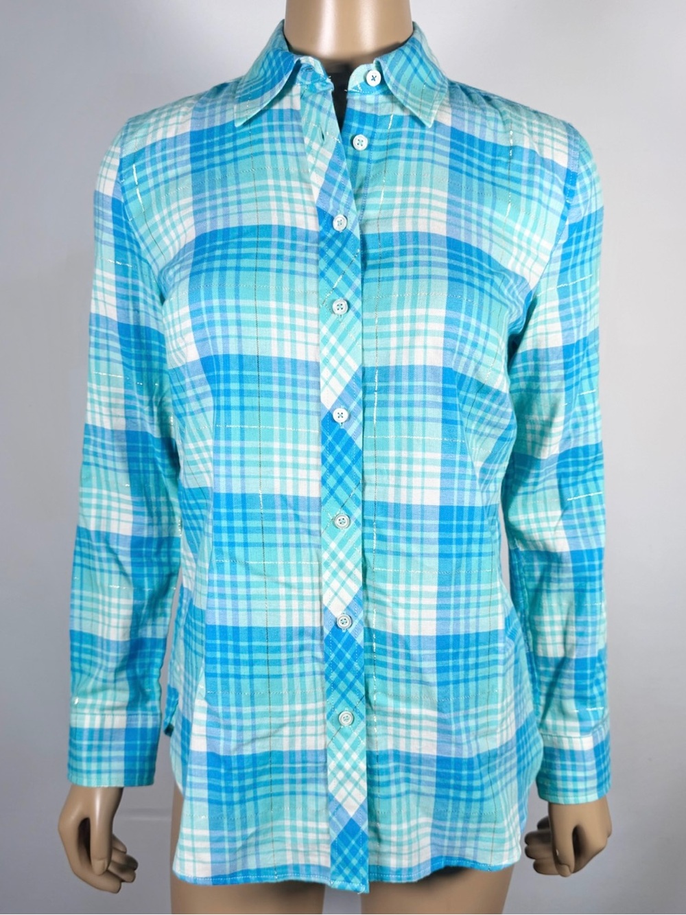 Talbots Women’s NWT Size Extra Small XS Metallic Plaid Button Down Shirt